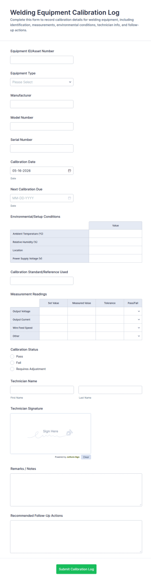 Welding Equipment Calibration Log Form Template