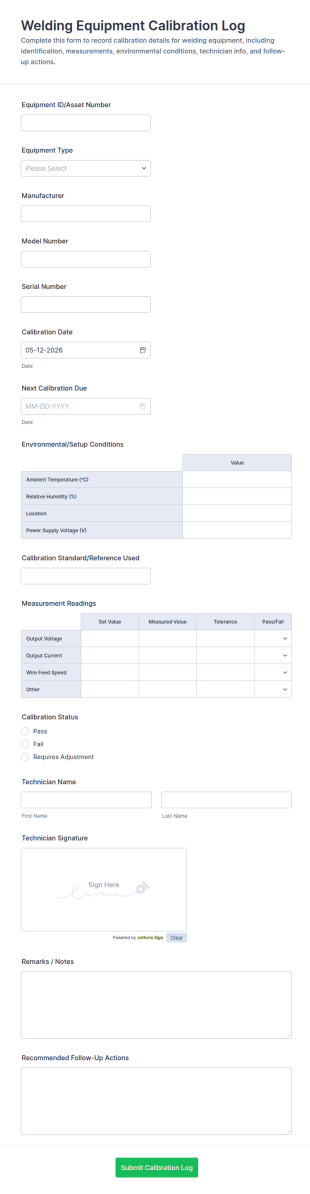 Welding Equipment Calibration Log Form Template