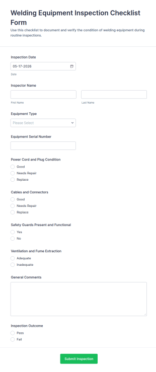 Welding Equipment Inspection Checklist Form Template