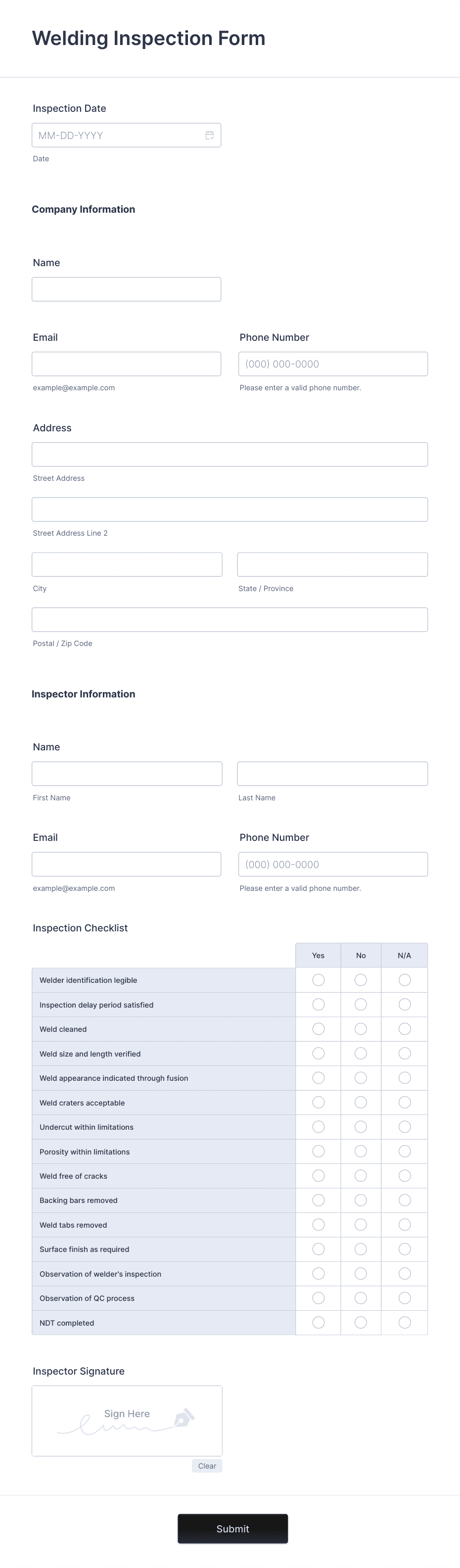 Welding Inspection Form Template | Jotform