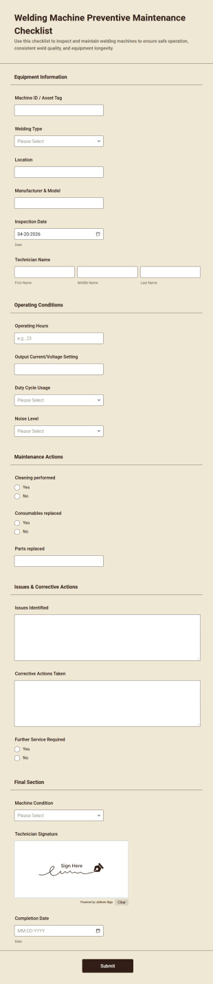 Welding Machine Preventive Maintenance Checklist Form Template