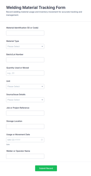 Welding Material Tracking Form Template