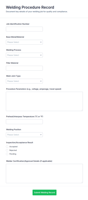 Welding Procedure Record Form Template
