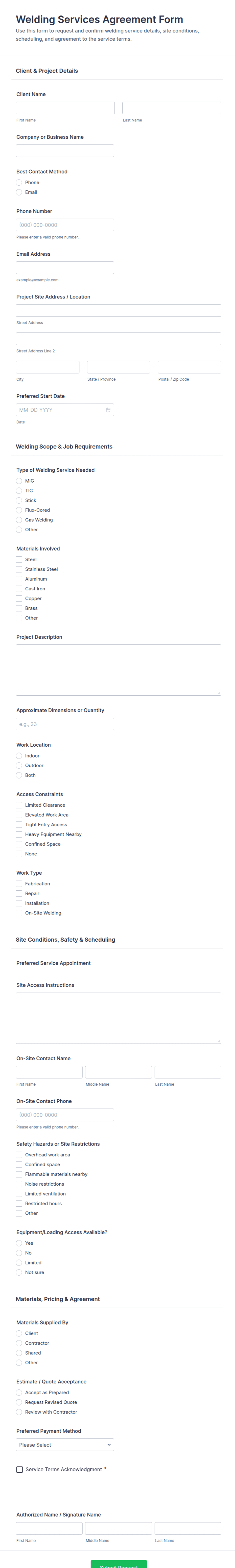 Welding Services Agreement Form Template | Jotform