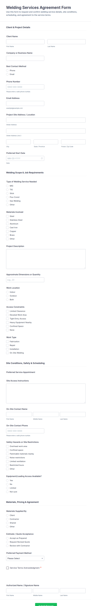 Welding Services Agreement Form Template