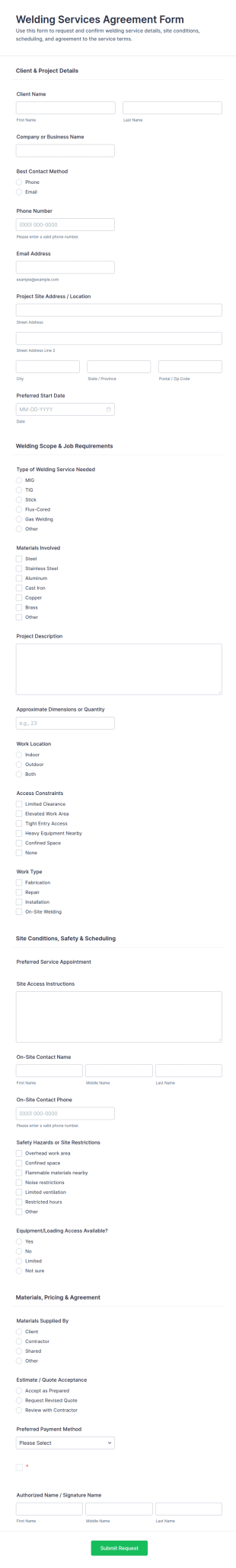 Welding Services Agreement Form Template