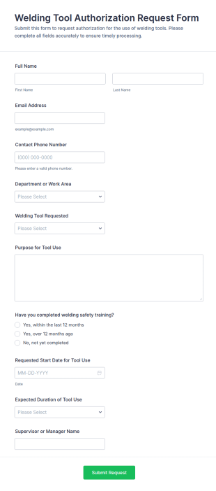 Welding Tool Authorization Request Form Template
