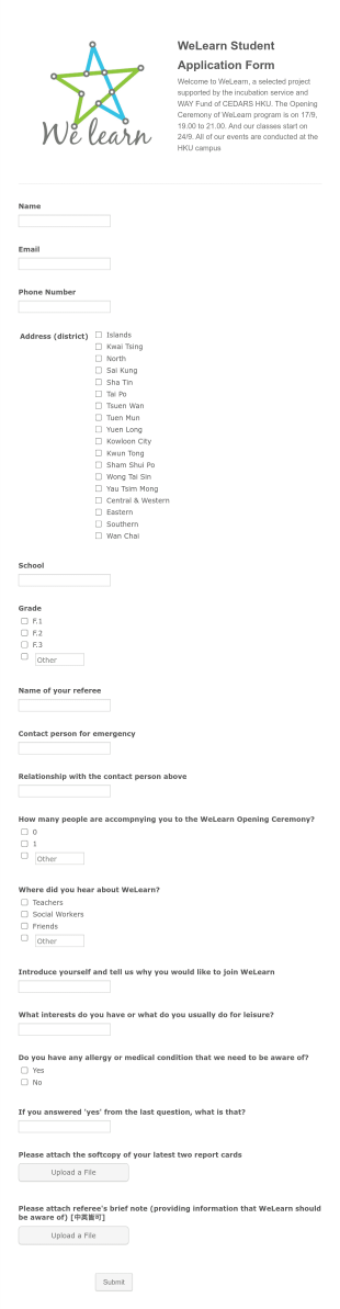 Welearn Student Application Form Template