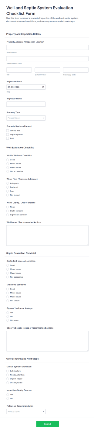 Well And Septic System Evaluation Checklist Form Template