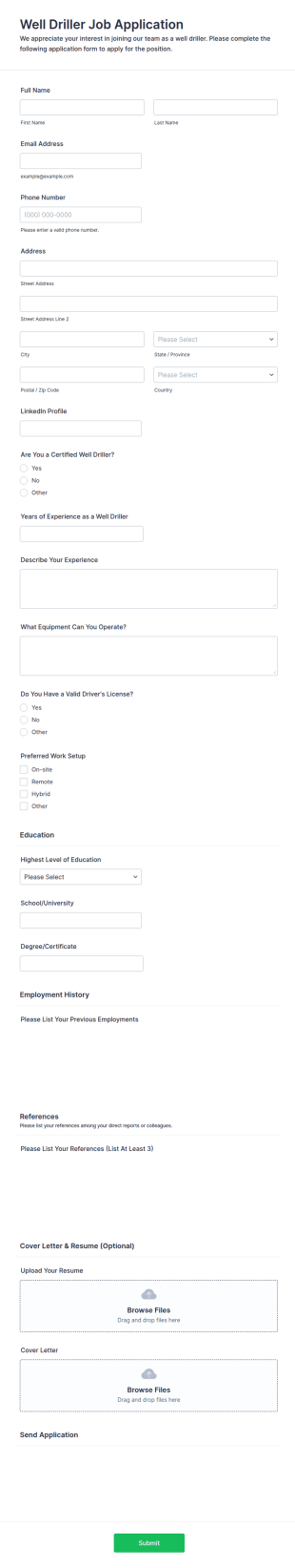 Well Driller Job Application Form Template