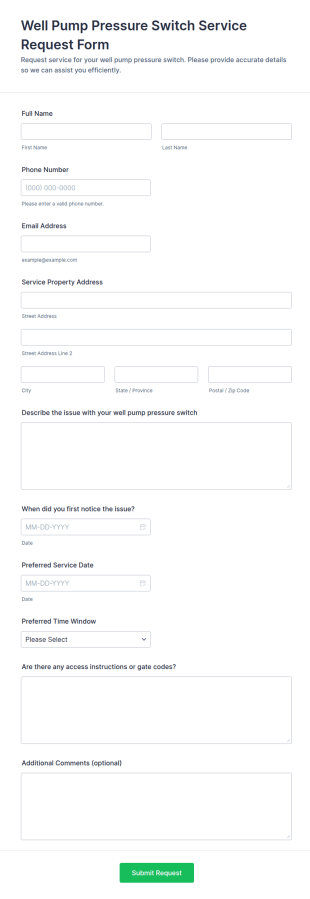 Well Pump Pressure Switch Service Request Form Template