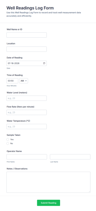 Well Readings Log Form Template