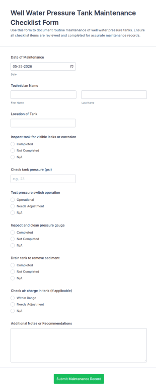 Well Water Pressure Tank Maintenance Checklist Form Template