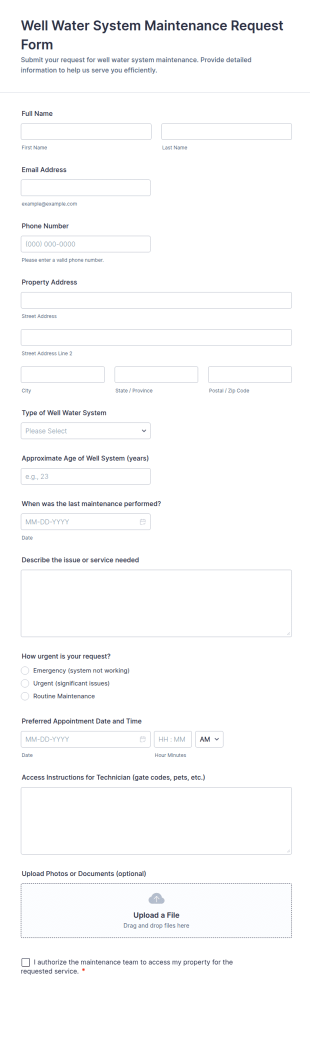 Well Water System Maintenance Request Form Template