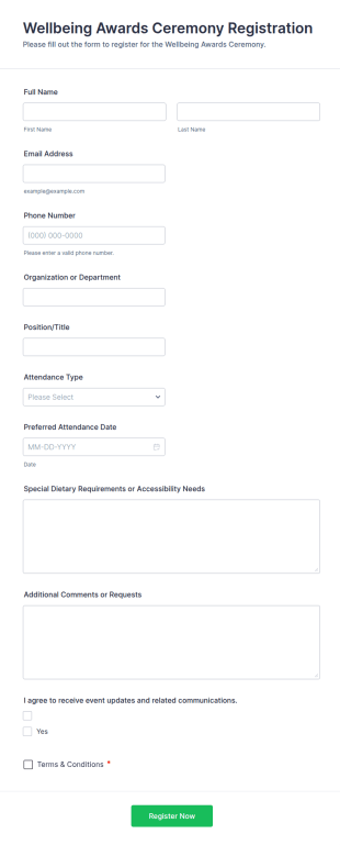 Wellbeing Awards Ceremony Registration Form Template
