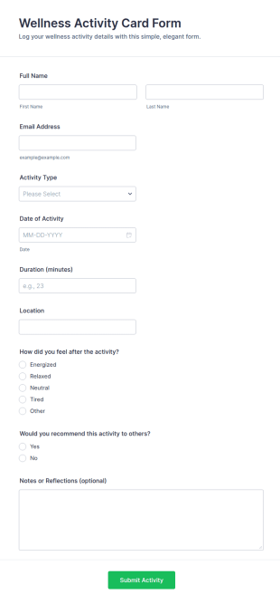 Wellness Activity Card Form Template