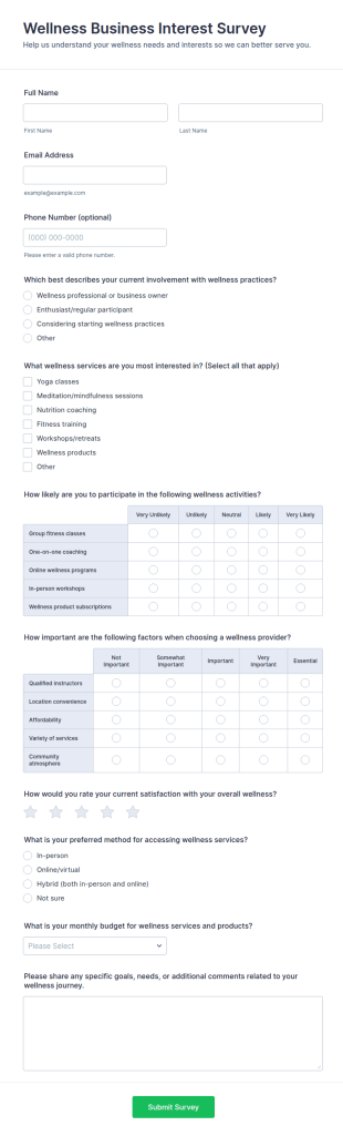 Wellness Business Interest Survey Form Template