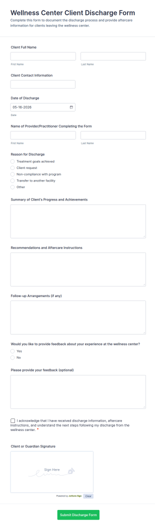 Wellness Center Client Discharge Form Template