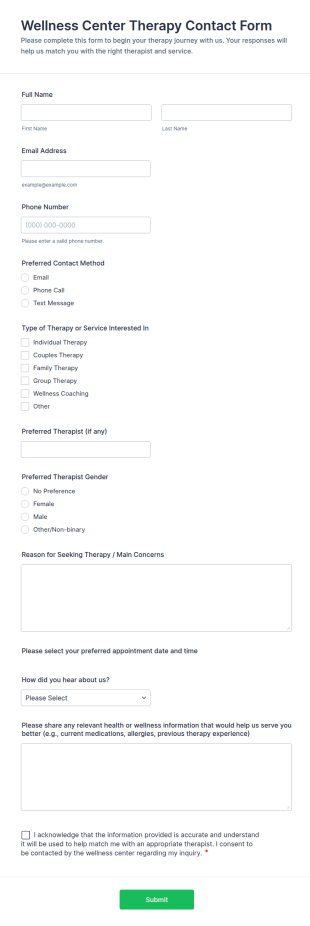 Wellness Center Therapy Contact Form Template