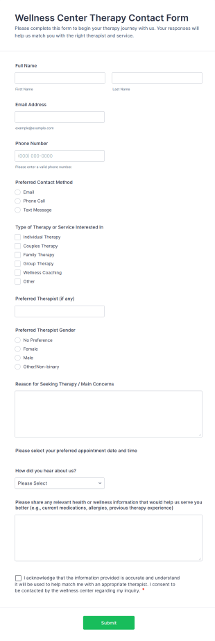 Wellness Center Therapy Contact Form Template