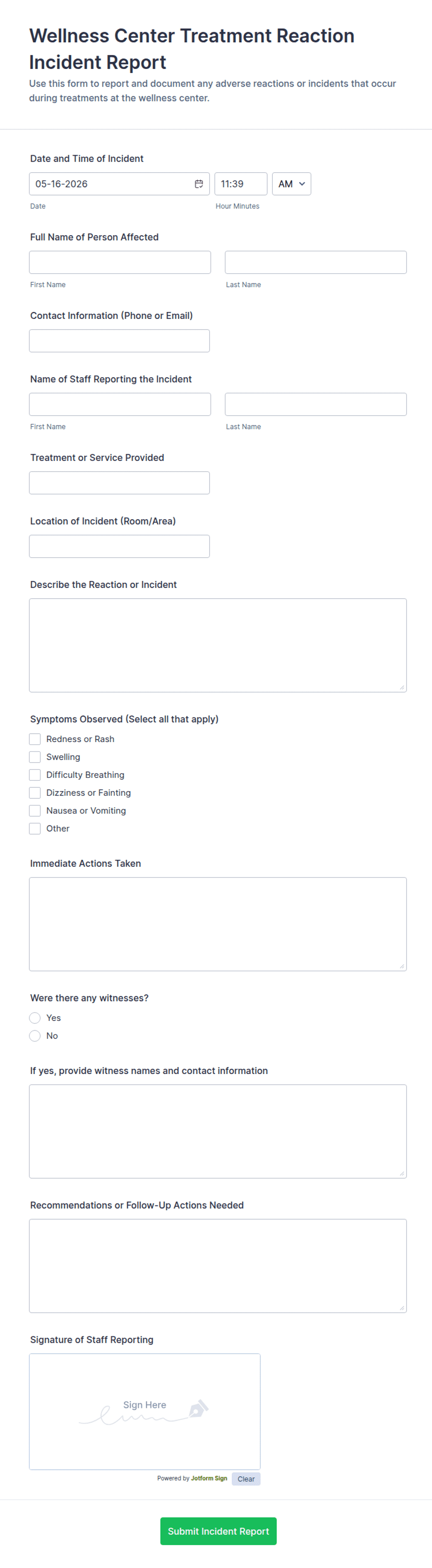 Wellness Center Treatment Reaction Incident Report Form Template | Jotform