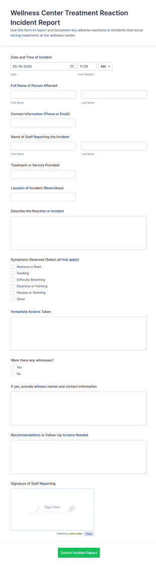 Wellness Center Treatment Reaction Incident Report Form Template