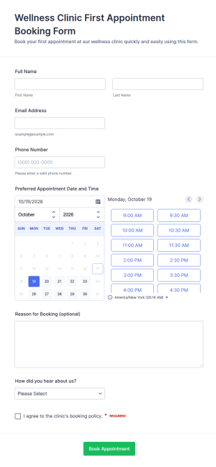 Wellness Clinic First Appointment Booking Form Template