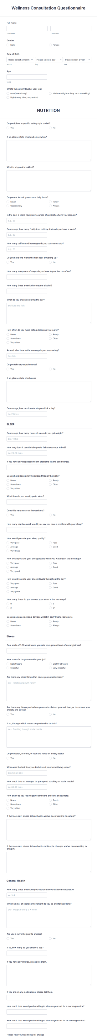 Wellness Consultation Questionnaire Form Template