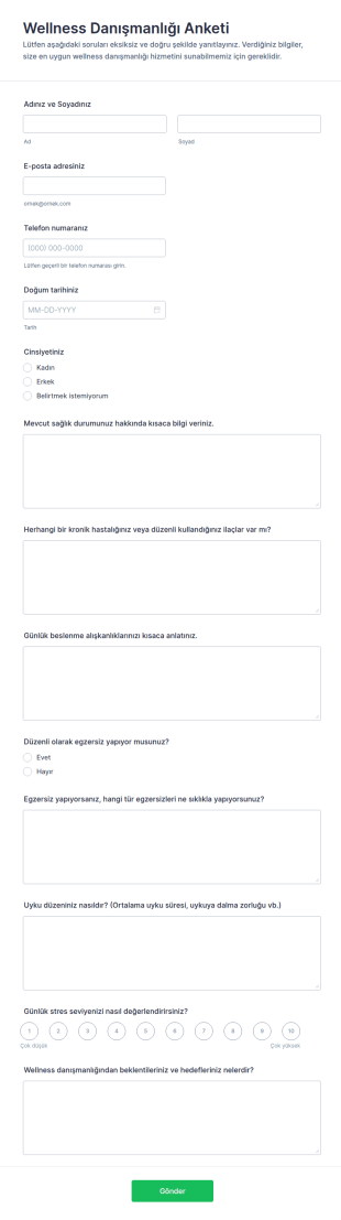 Wellness Danışmanlığı Anketi Form Şablonu