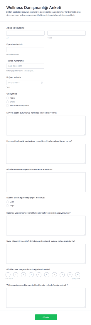 Wellness Danışmanlığı Anketi Form Şablonu