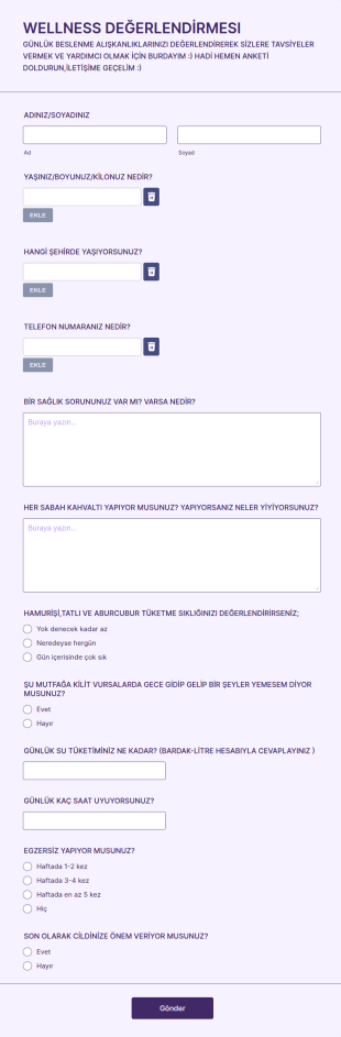 Wellness Değerlendirmesı Form Şablonu