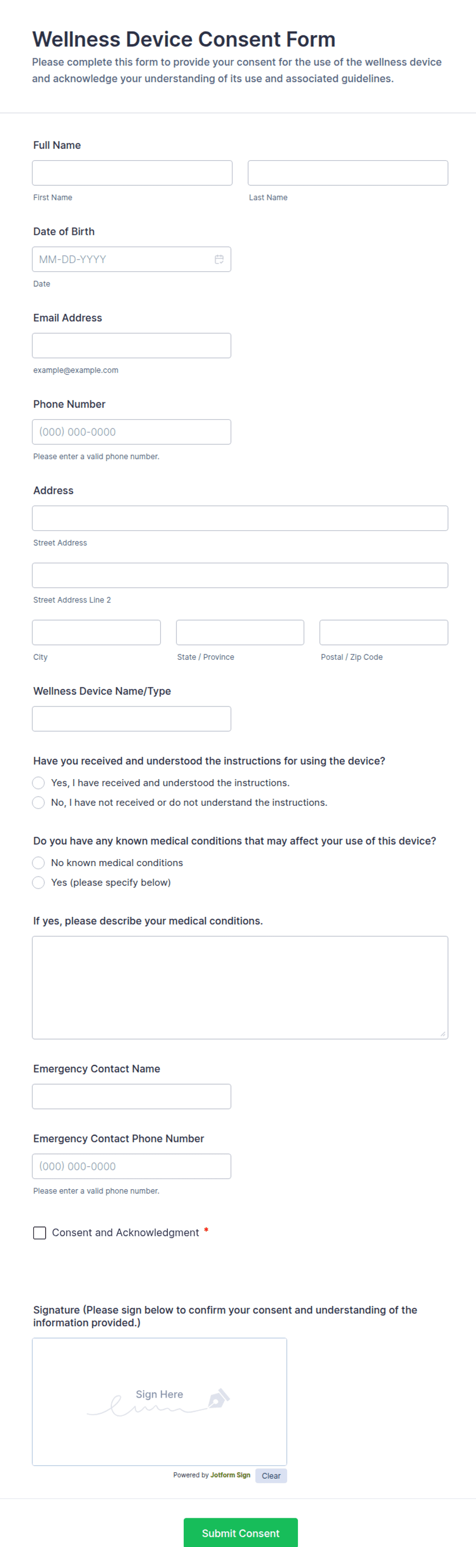 Wellness Device Consent Form Template | Jotform