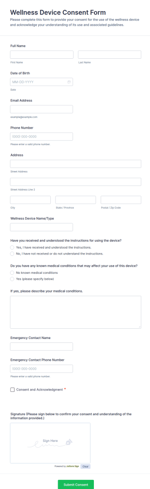 Wellness Device Consent Form Template