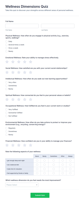 Wellness Dimensions Quiz Form Template