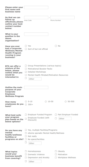 Wellness Form BTS Form Template
