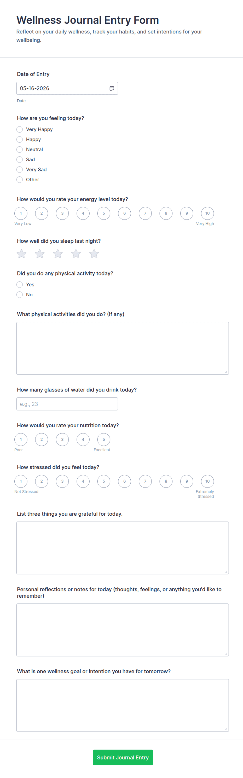 Wellness Journal Entry Form Template | Jotform