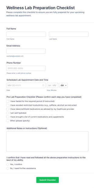 Wellness Lab Preparation Checklist Form Template