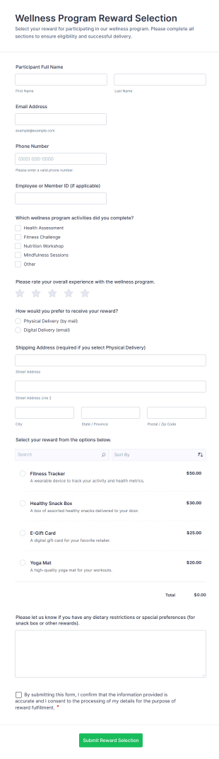 Wellness Program Reward Selection Form Template