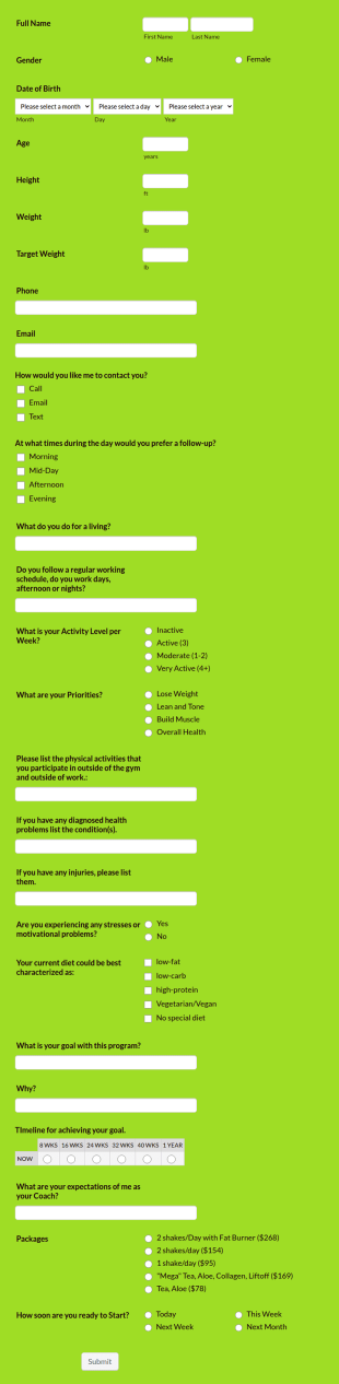 Wellness Questionairre Form Template