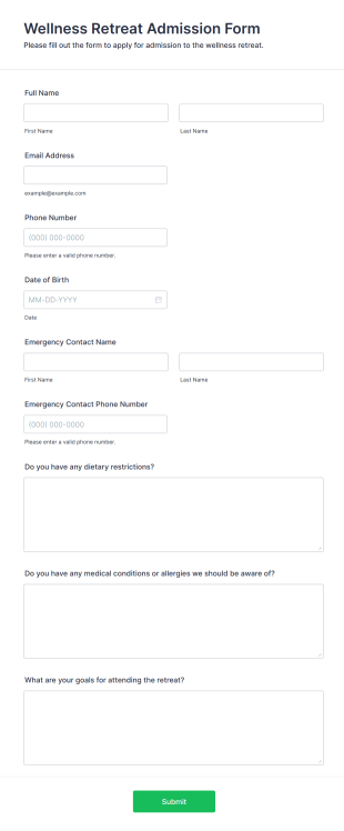 Wellness Retreat Admission Form Template