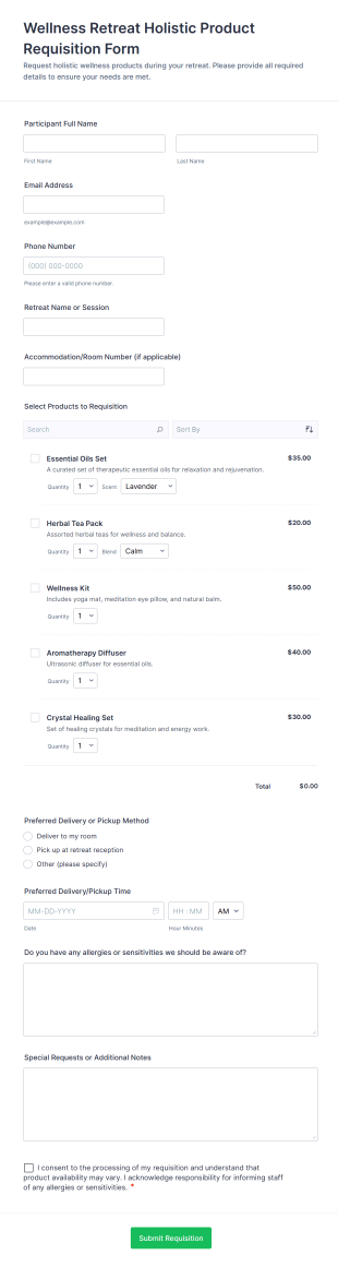 Wellness Retreat Holistic Product Requisition Form Template