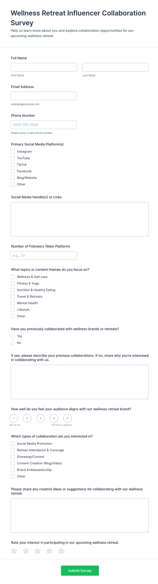 Wellness Retreat Influencer Collaboration Survey Form Template