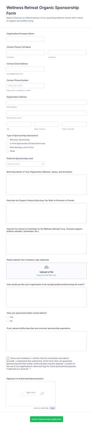Wellness Retreat Organic Sponsorship Form Template