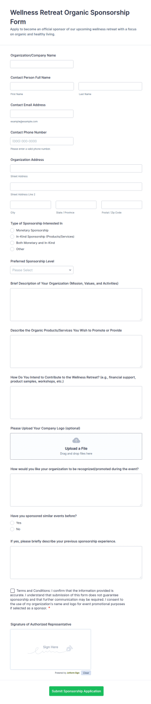 Wellness Retreat Organic Sponsorship Form Template