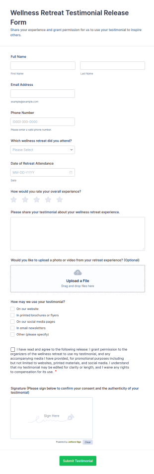 Wellness Retreat Testimonial Release Form Template