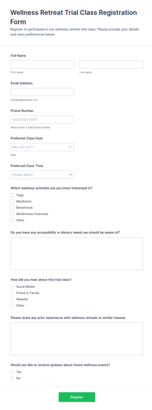 Wellness Retreat Trial Class Registration Form Template