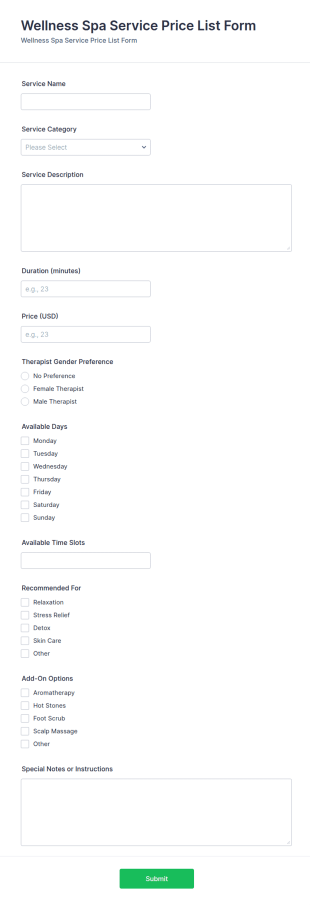 Wellness Spa Service Price List Form Template