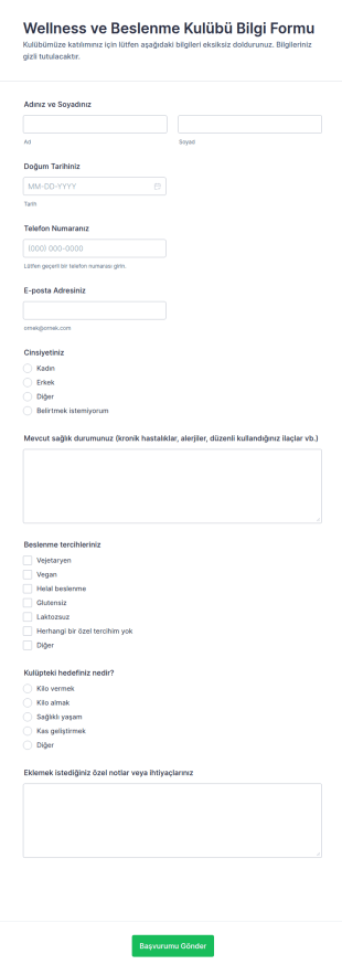Wellness Ve Beslenme Kulübü Bilgi Form Şablonu