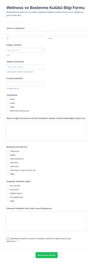 Wellness Ve Beslenme Kulübü Bilgi Form Şablonu