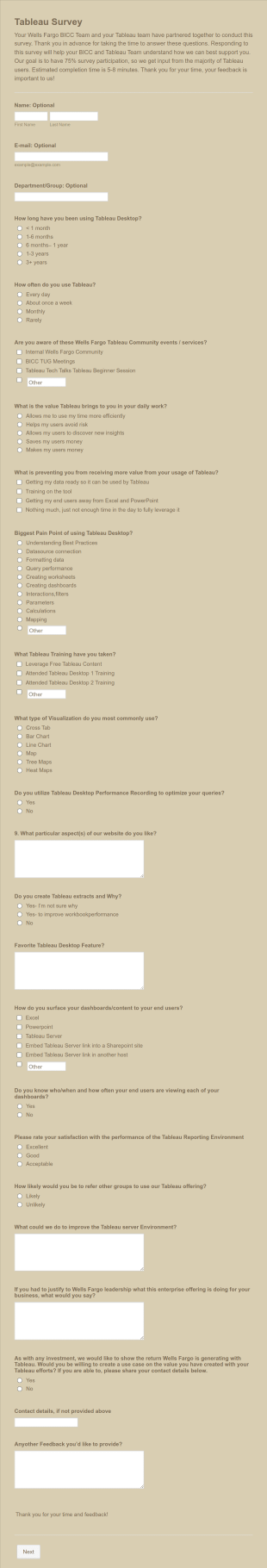 Wells Fargo BICCTableau Survey Form Template